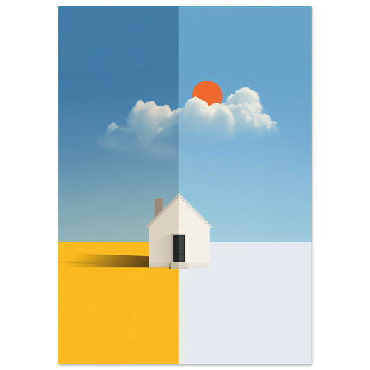 Minimalist conceptual illustration of a white house split between golden fields and snowy ground with a bright orange sun and soft clouds above – surreal modern wall art for creative interiors