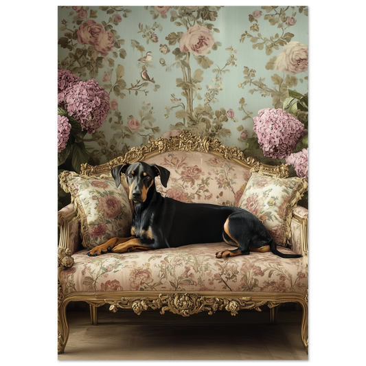 Regal Doberman lounging on a vintage rococo-style floral loveseat, surrounded by soft pink hydrangeas and pastel wallpaper — ideal for elegant classical interiors.