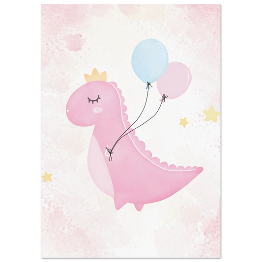 Watercolor nursery wall art of a pink dinosaur wearing a crown and floating with pastel balloons on a soft pink background – whimsical decor for girls' rooms and baby nurseries