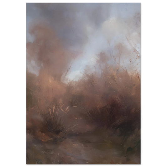 Abstract impressionist oil painting landscape in earthy browns and muted blues with expressive brushstrokes evoking a moody autumn field under a soft sky – atmospheric wall art for modern and rustic interiors