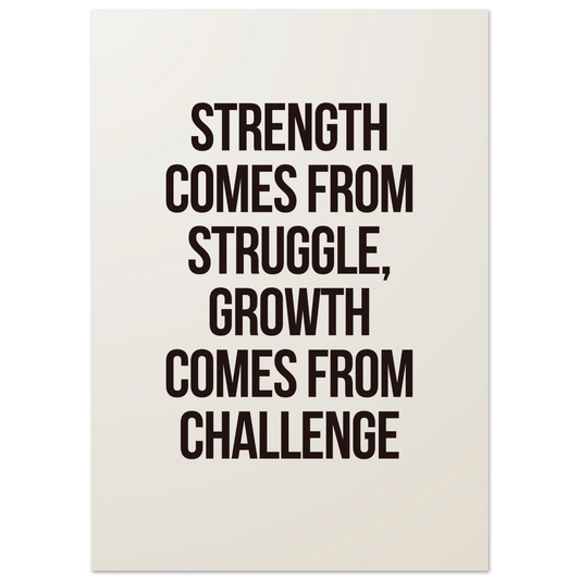 Minimalist beige wall print with bold black text: “Strength Comes from Struggle, Growth Comes from Challenge.”